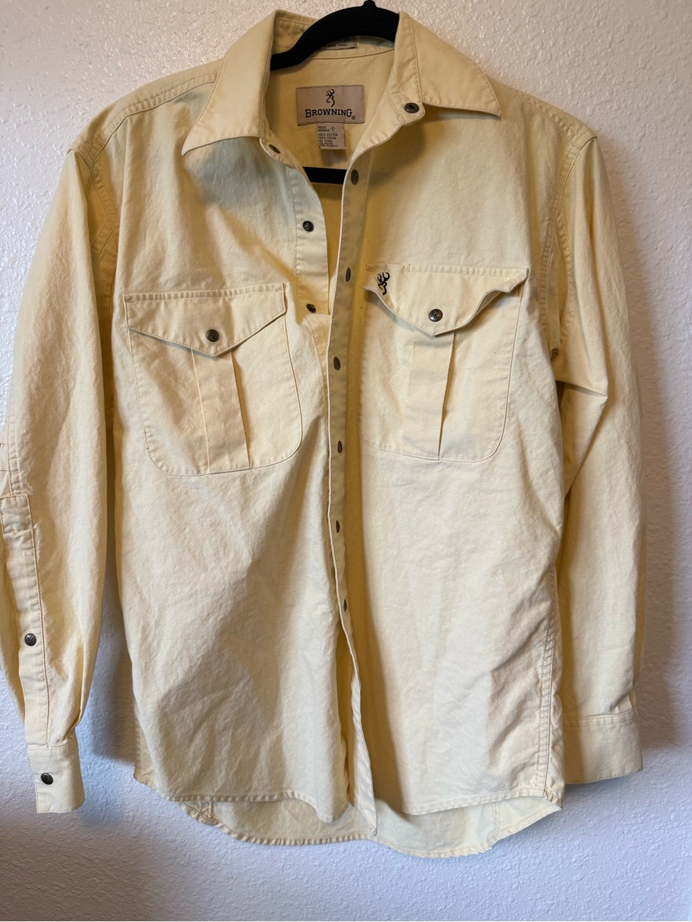Browning Mens Long Sleeve Button Down Shirt Yellow Cotton Buckmark Logo Small